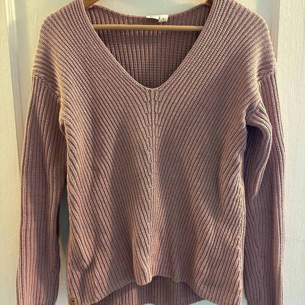 tentree Highline Cotton V-Neck Sweater in Lilac Chalk, Size S, Organic Cotton